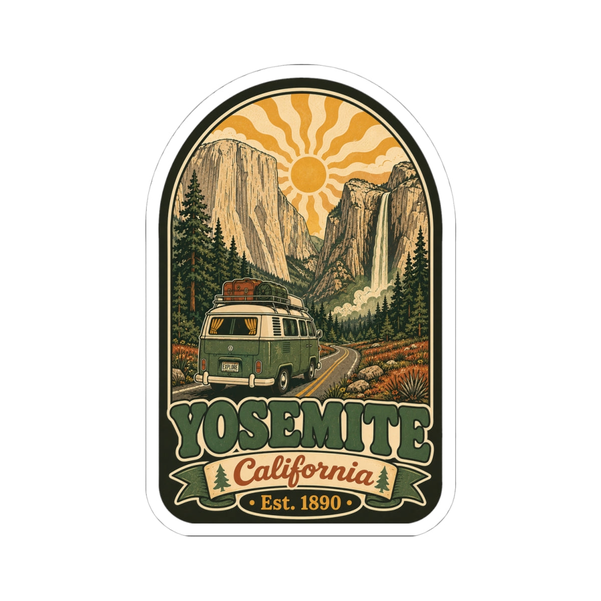 Arched vintage park sticker featuring a green camper van, mountains, and “California” label