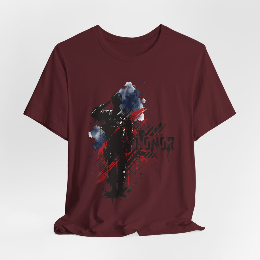 Maroon T-shirt with front soldier silhouette graphic with red-and-blue distressed accents
