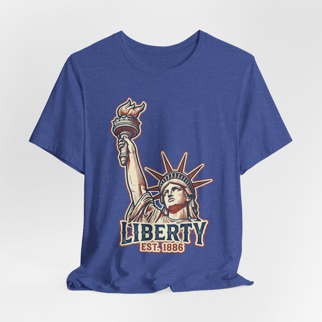 Blue crewneck tee with Liberty graphic print and EST. 1886 text centered.