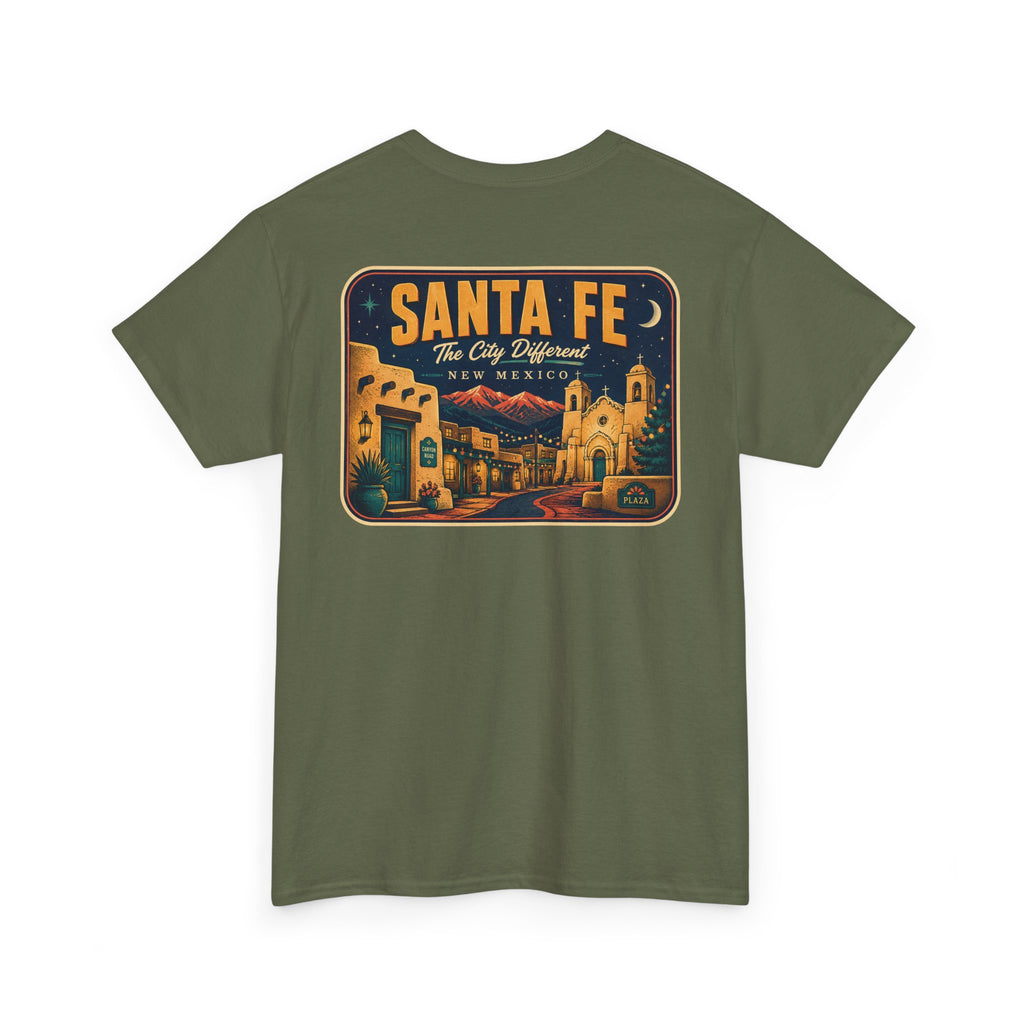 Military green T-shirt with Santa Fe vintage luggage tag graphic on chest