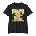Black t-shirt with camel holding coffee mug and 'weeks without water' slogan.