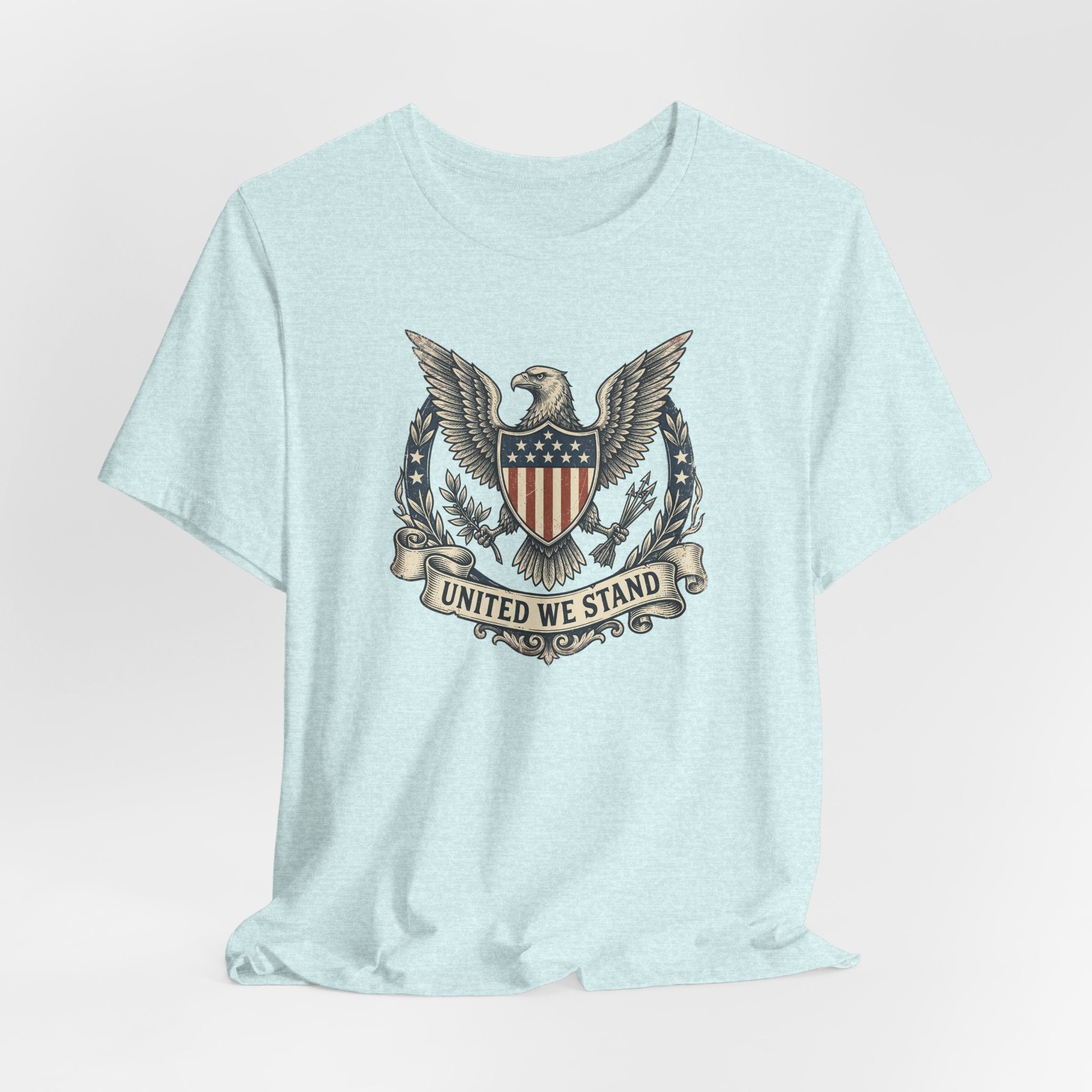 Light blue crewneck T-shirt with United We Stand shield-and-eagle graphic on front