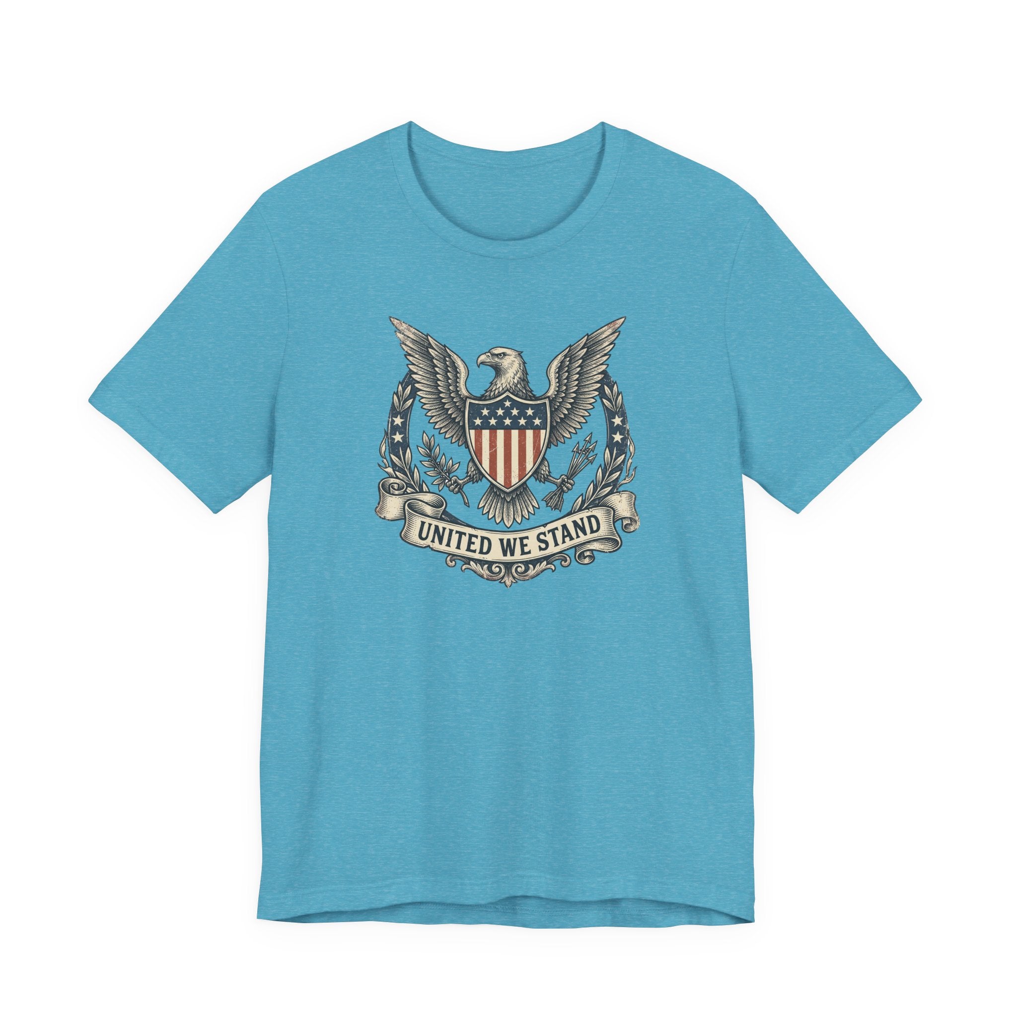 Turquoise T-shirt with eagle shield crest graphic and "United We Stand" text