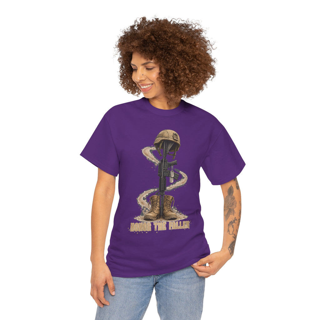 Purple crewneck T-shirt worn by model, featuring helmeted soldier with rifle print