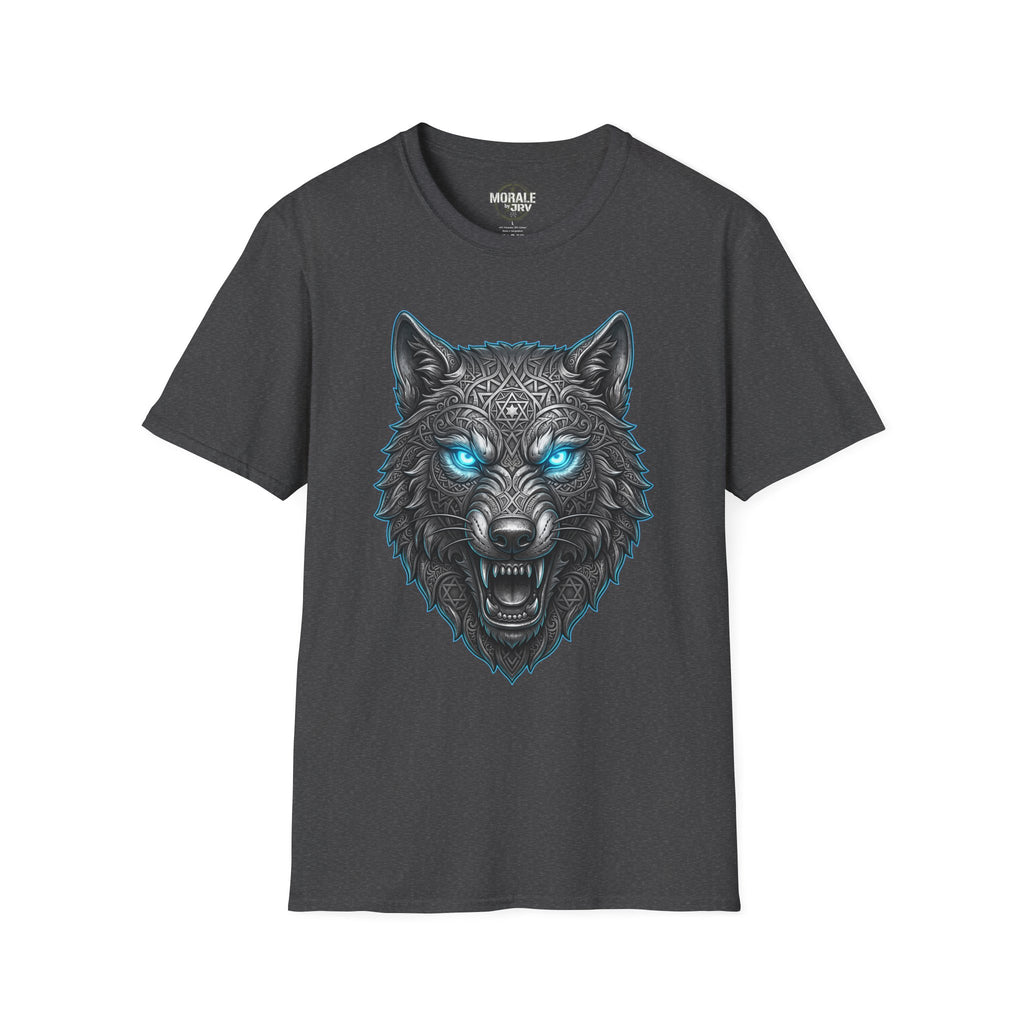 Dark heather T-shirt with glowing blue-eyed wolf head illustration and tribal ornament