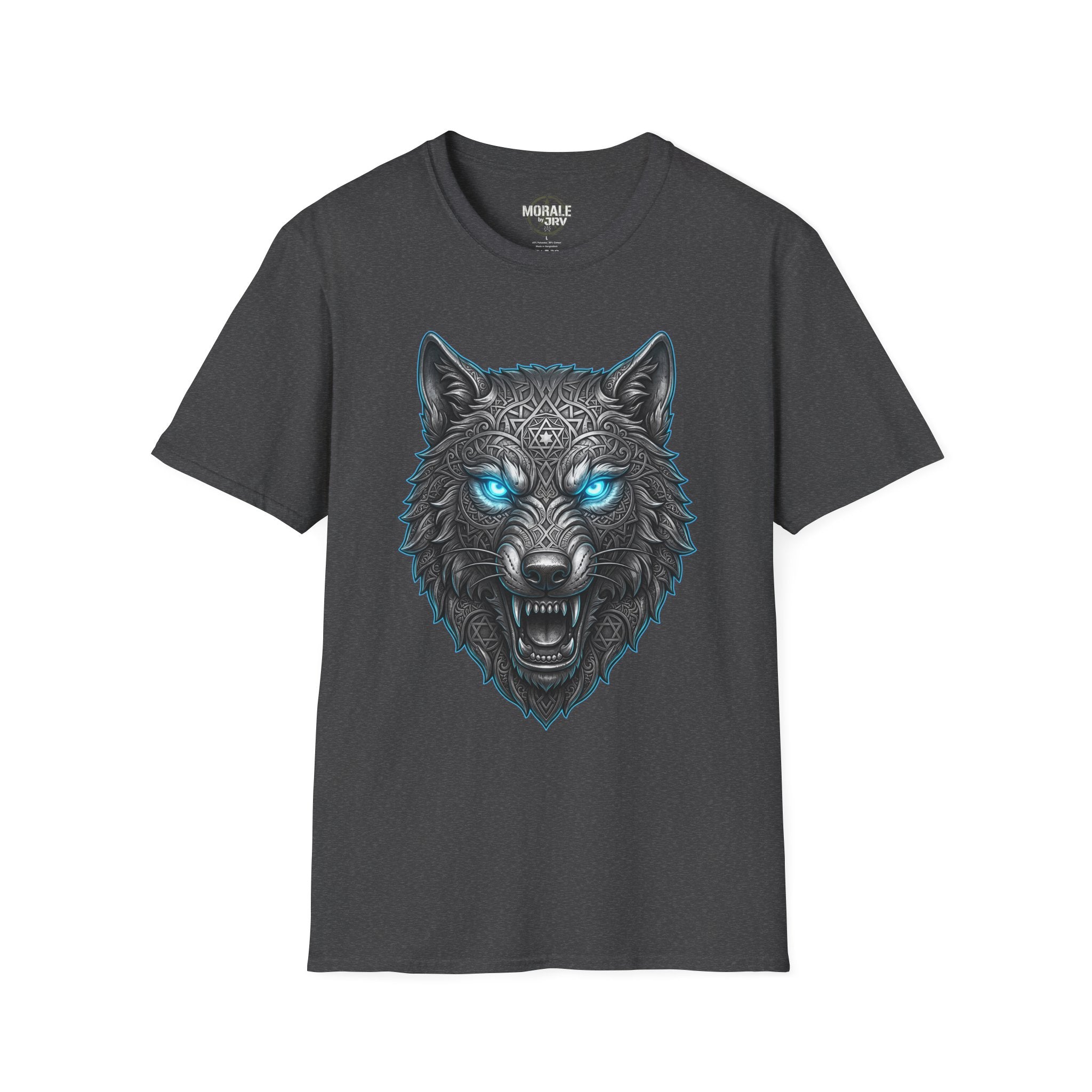 Dark heather T-shirt with glowing blue-eyed wolf head illustration and tribal ornament