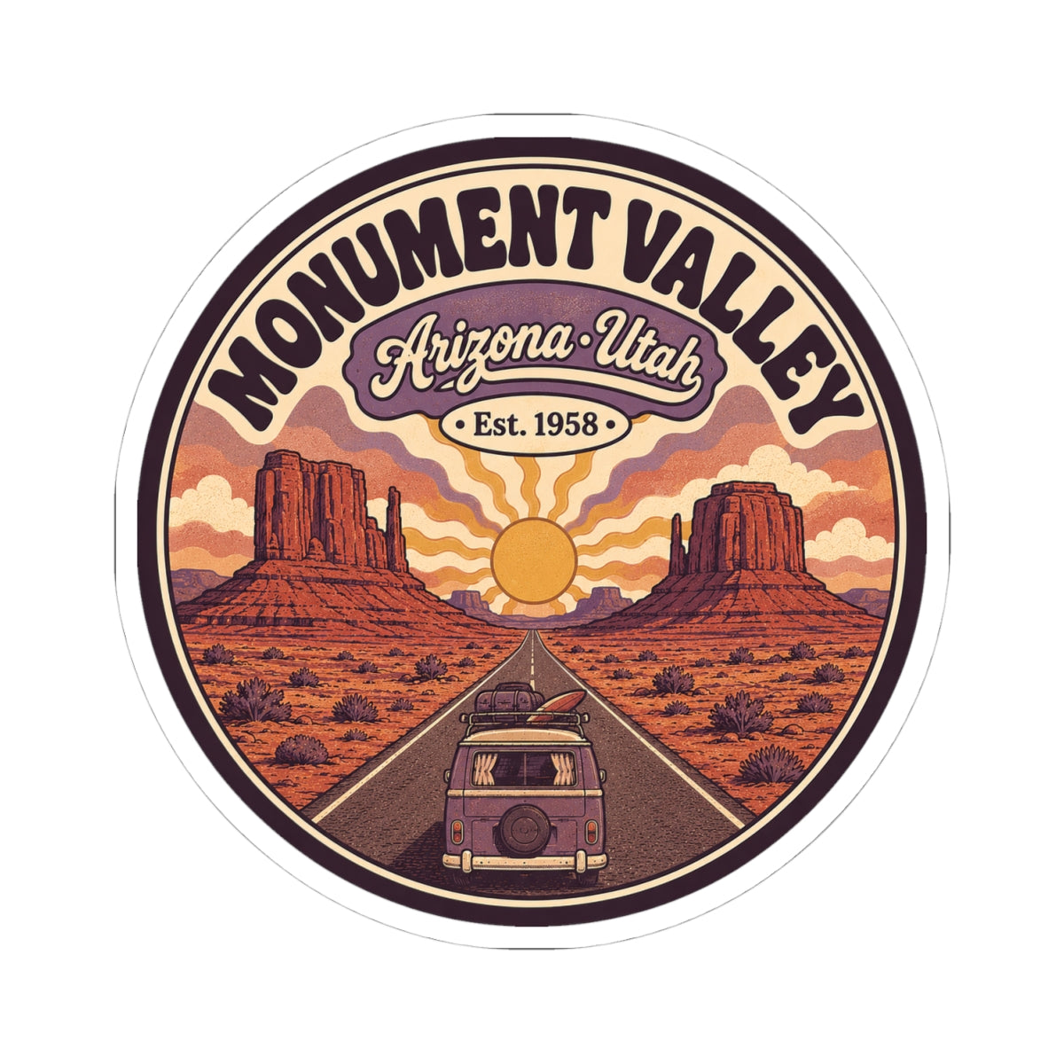 Round Monument Valley sticker decal with Arizona-Utah banner, Est. 1958, and camper road view