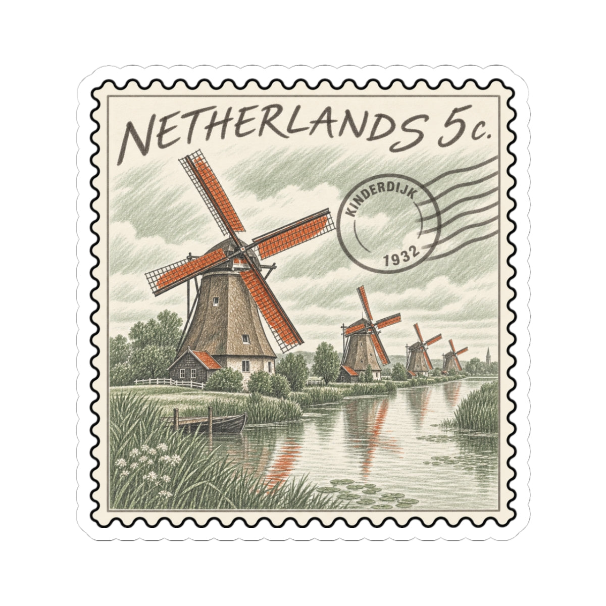 Netherlands 5c windmill stamp sticker showing windmills, water reflections, and 5c text
