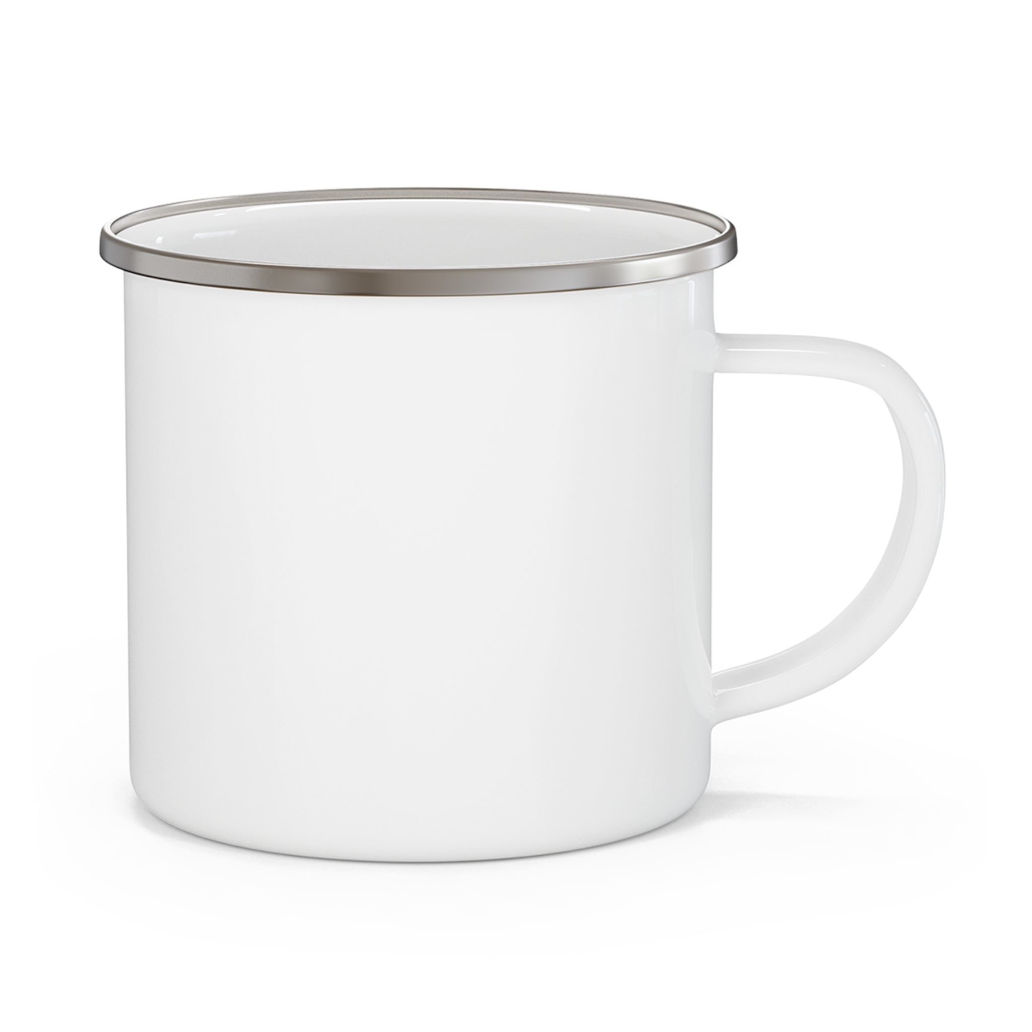 Enamel camping mug with white body and silver rim, no graphic