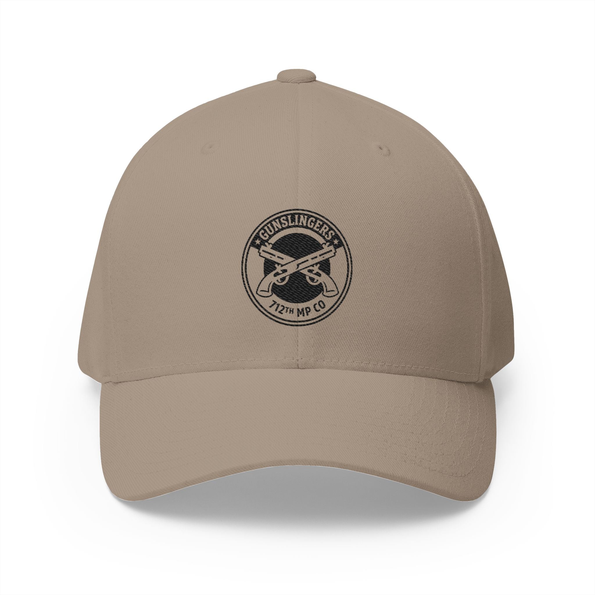 Khaki embroidered baseball cap with black circular emblem on front