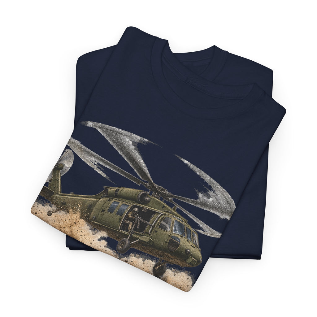 Navy crewneck T-shirt with front helicopter graphic in olive and gray