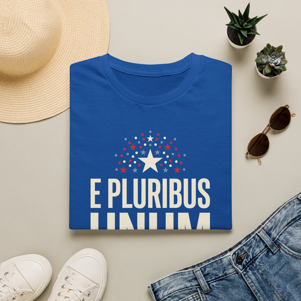 Royal blue T-shirt with starburst graphic and "E PLURIBUS" text