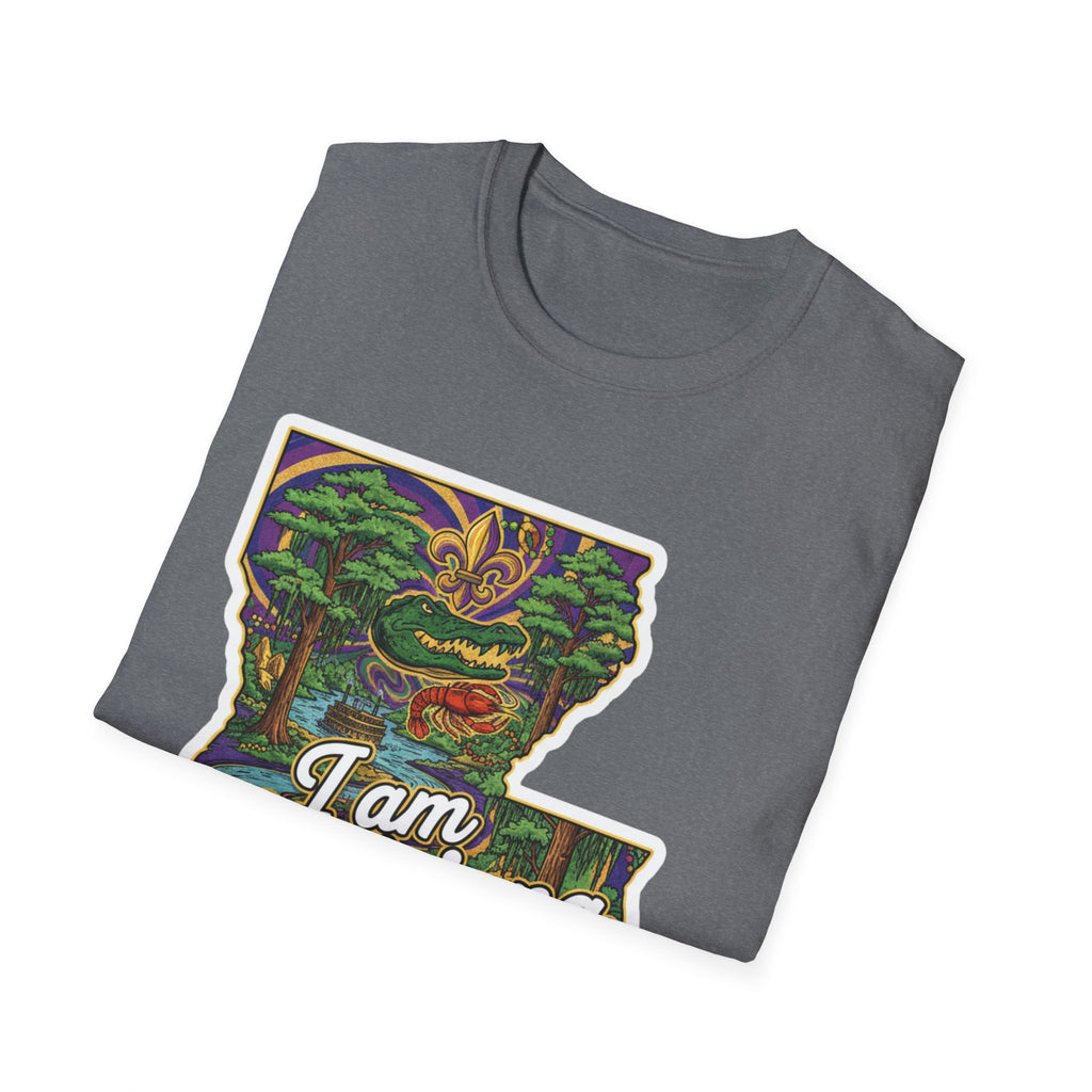 Dark heather gray T-shirt with colorful Louisiana map Mardi Gras design