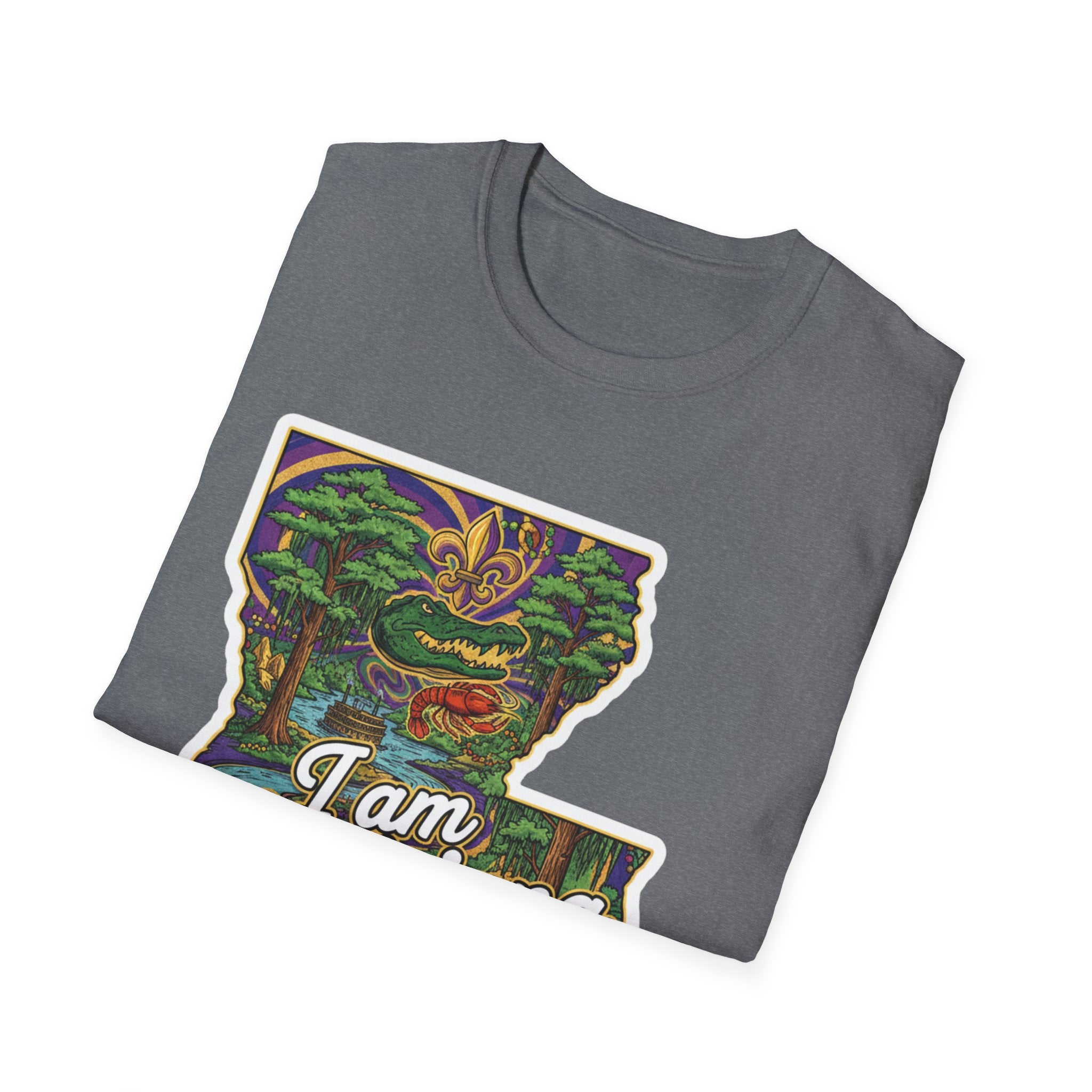 Dark heather gray T-shirt with colorful Louisiana map Mardi Gras design
