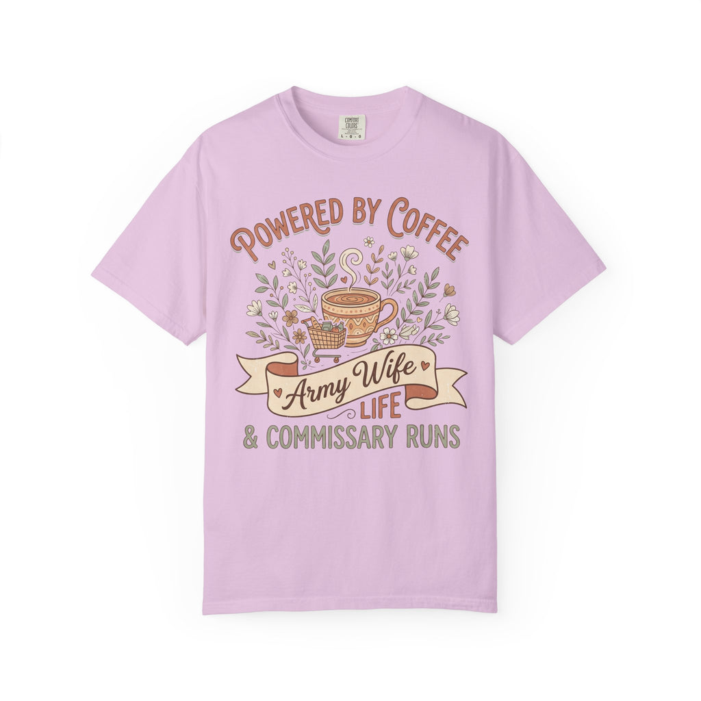 Light purple crewneck T-shirt with “Powered by Coffee” and coffee-life graphic