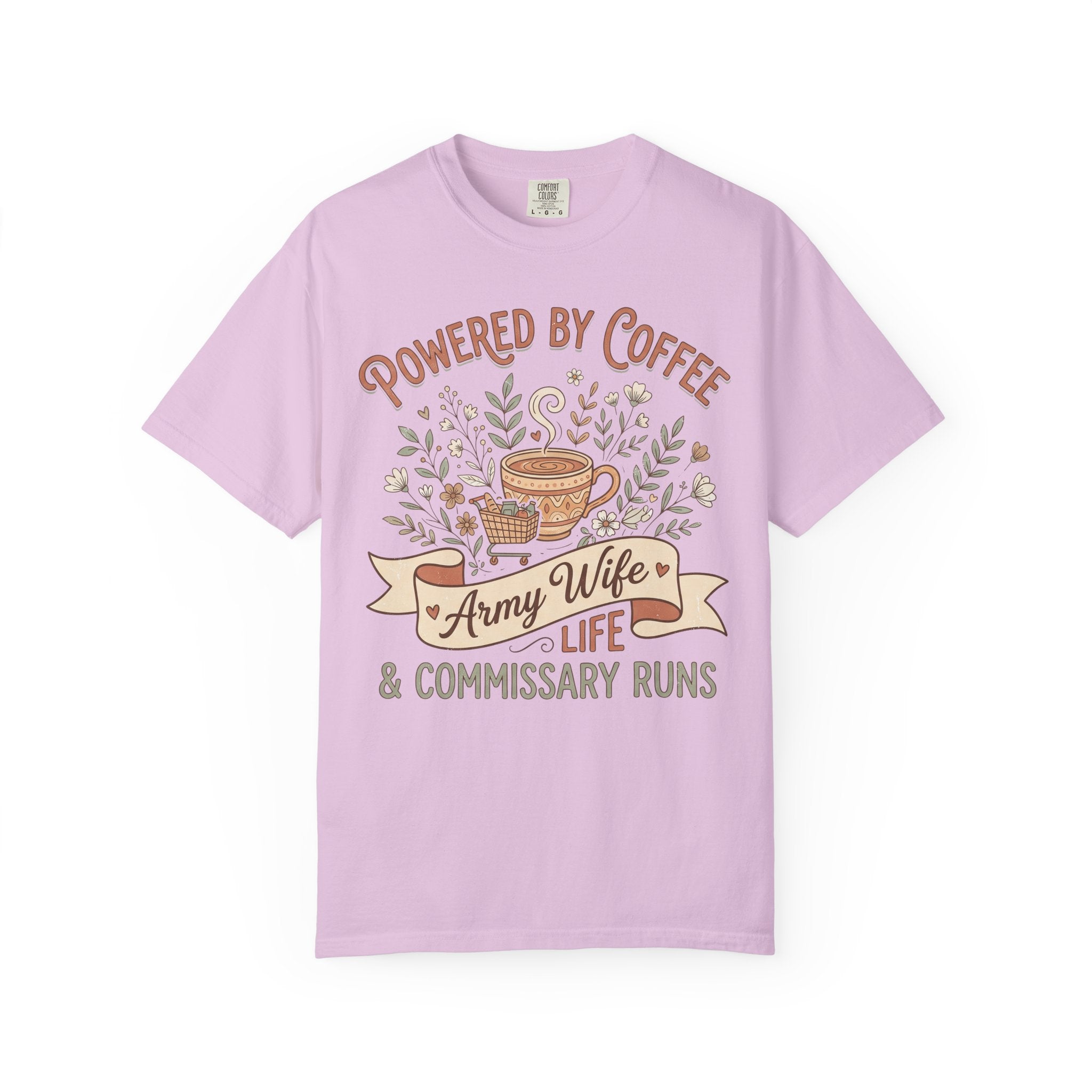 Light purple crewneck T-shirt with “Powered by Coffee” and coffee-life graphic