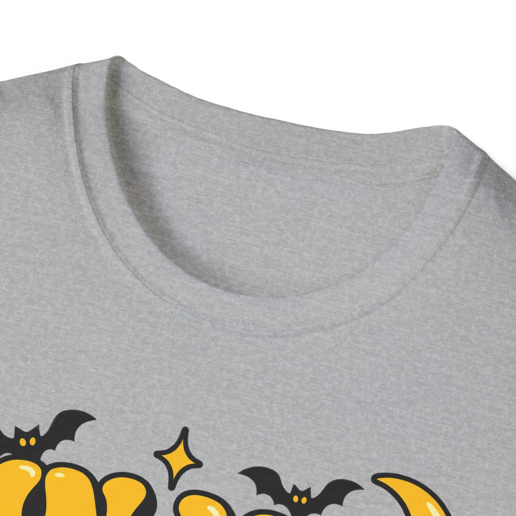 Heather gray T-shirt close-up of Halloween bubble-letter print with bat silhouettes