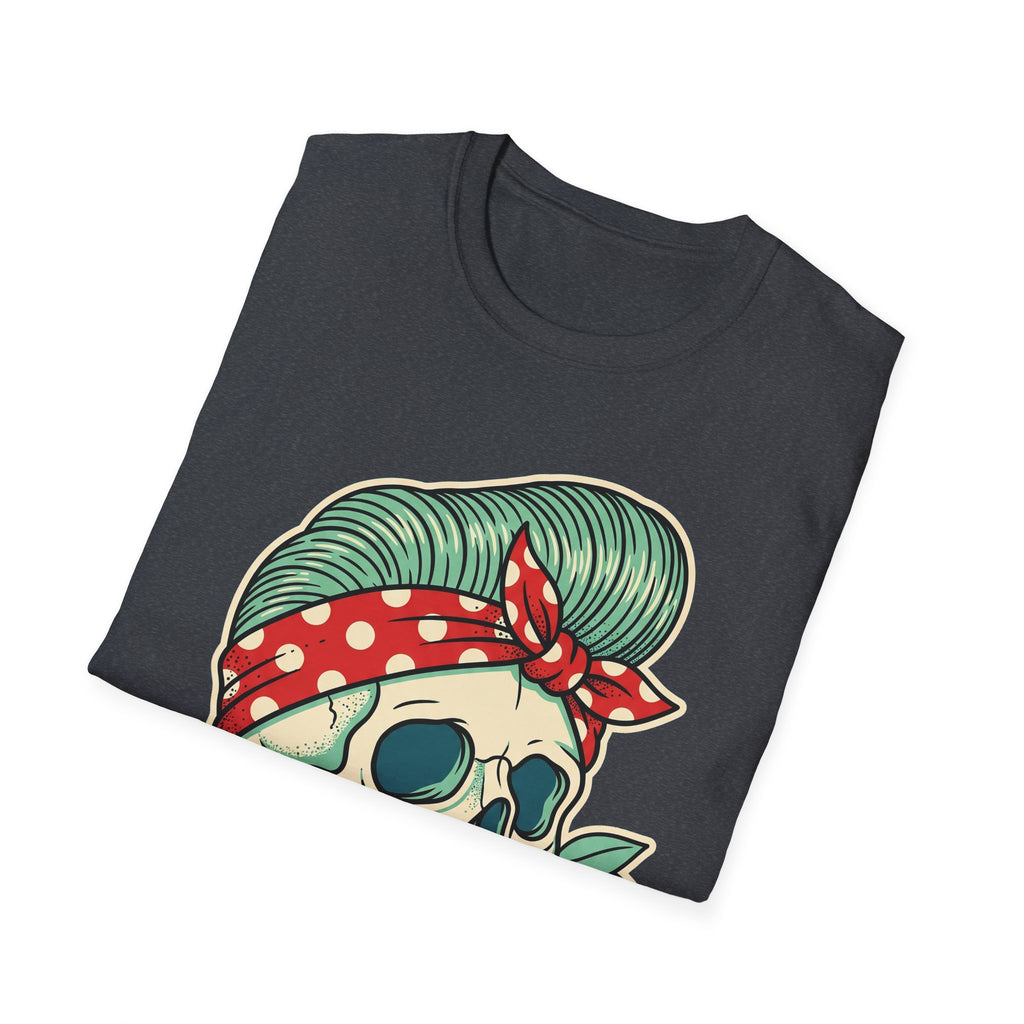 Rockabilly Sugar Skull T-Shirt in dunklem Heather-Grau mit Schädel-Kunstmotiv und Kirschbandana