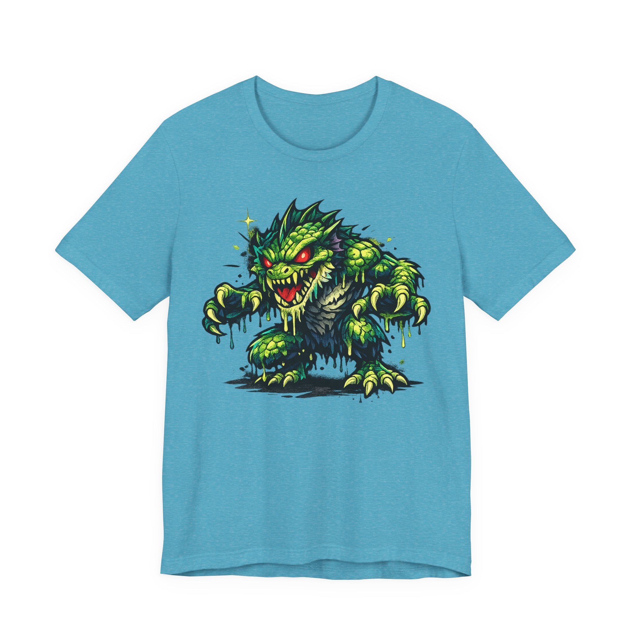 Teal T-shirt with green swamp monster illustration graphic on front