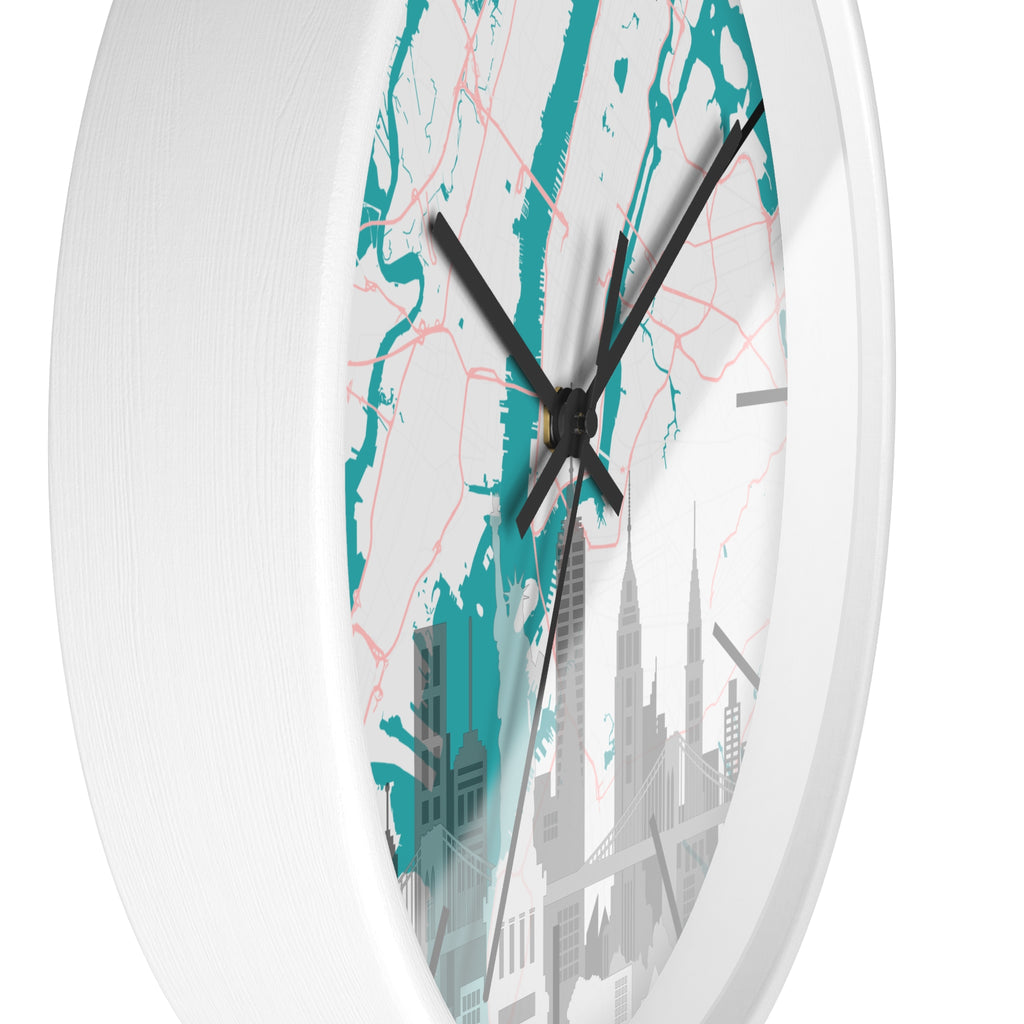White-base wall clock with teal river map background, black hands and city skyline