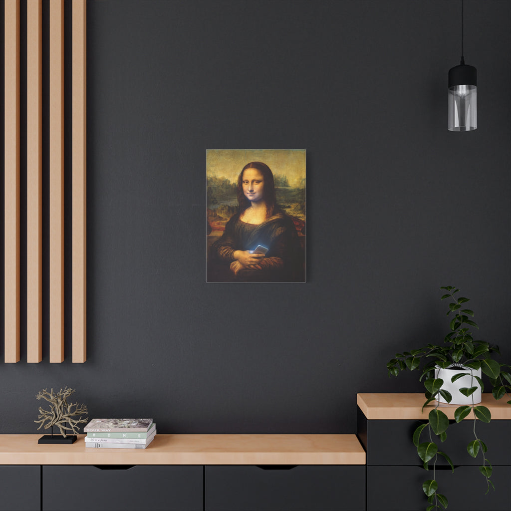 Matte canvas print of Mona Lisa holding a smartphone, square wall art