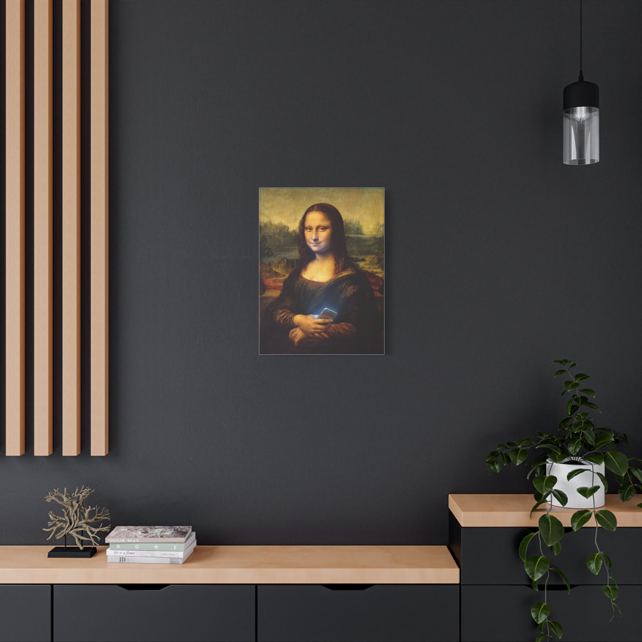 Matte canvas print of Mona Lisa holding a smartphone, square wall art