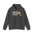 Charcoal gray hoodie with front pocket, drawstring, and 'I LIKE EM THICK' pancake graphic
