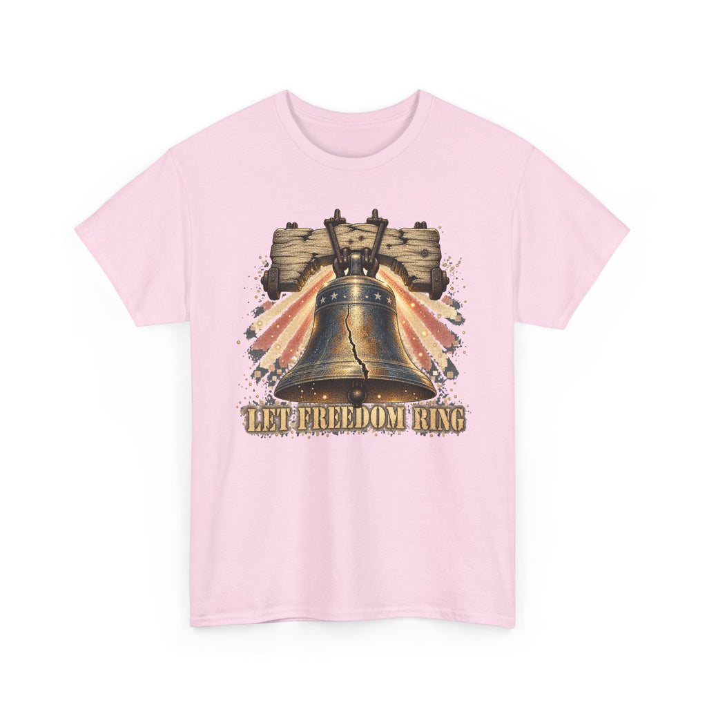 Light pink liberty bell graphic T-shirt with vintage "LET FREEDOM RING" print