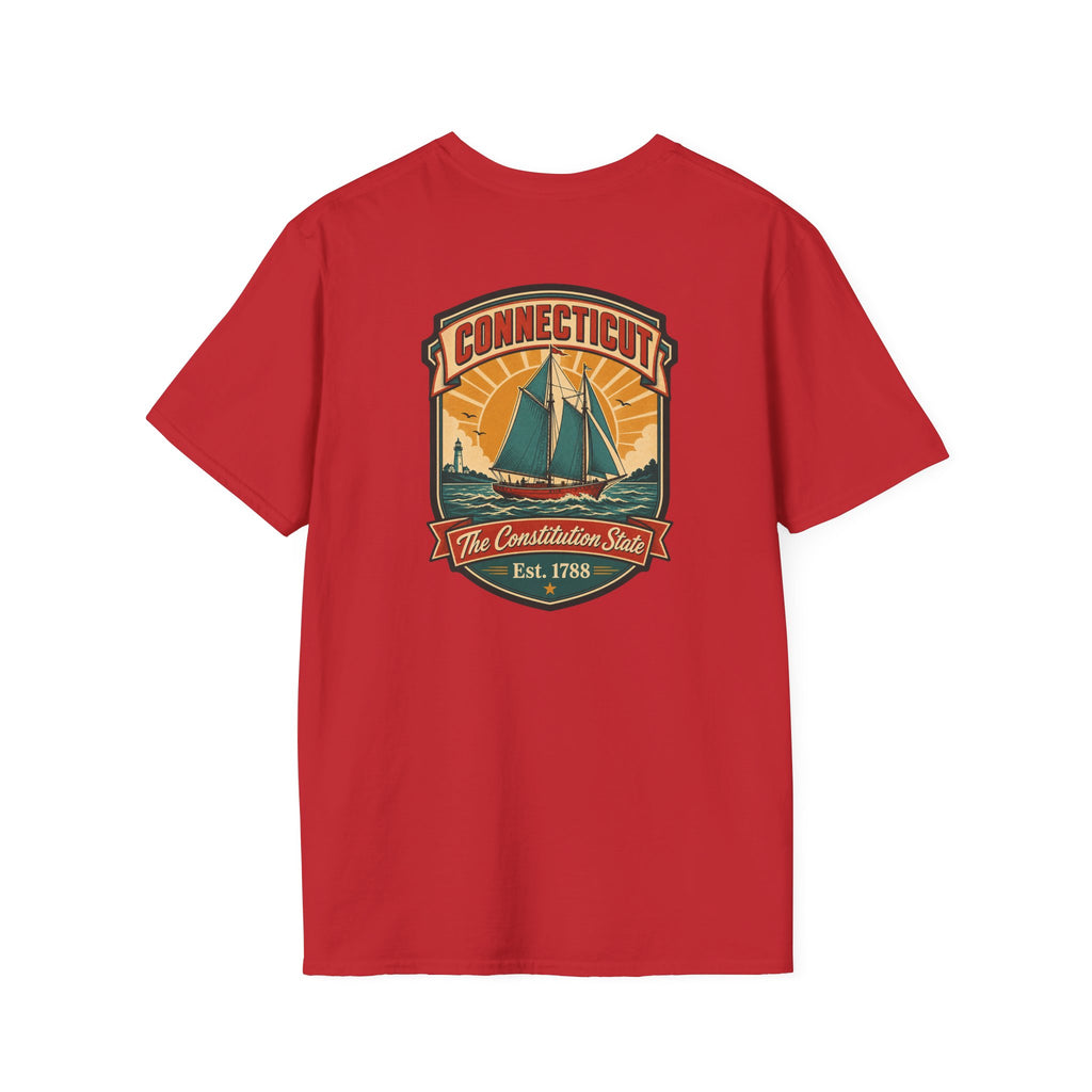 Red T-shirt with Connecticut badge sailboat graphic on the chest
