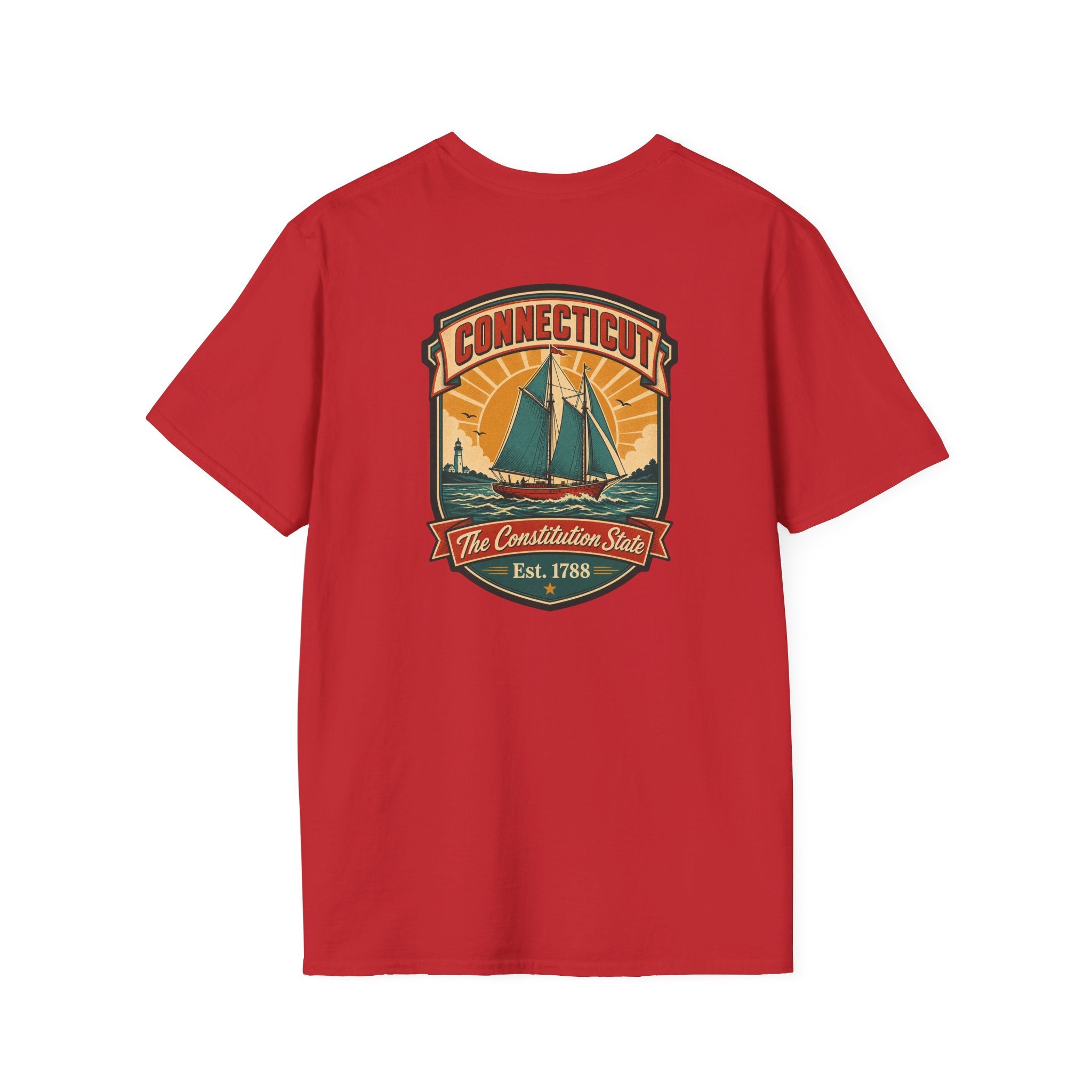 Red T-shirt with Connecticut badge sailboat graphic on the chest