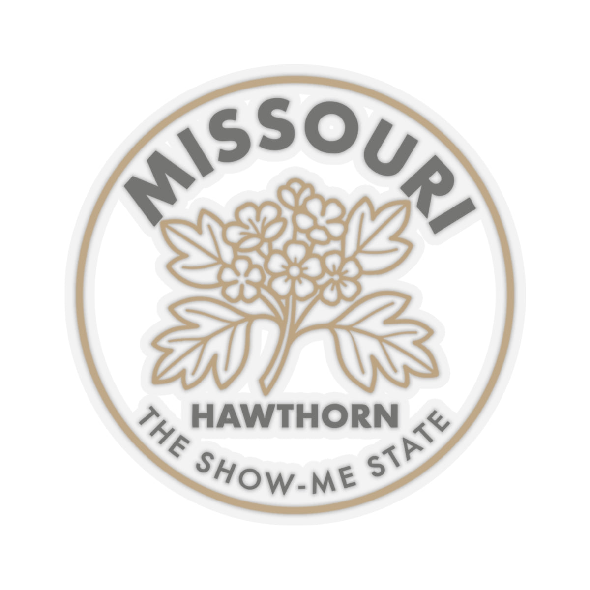 Round hawthorn floral seal sticker in transparent vinyl with “THE SHOW-ME STATE” text