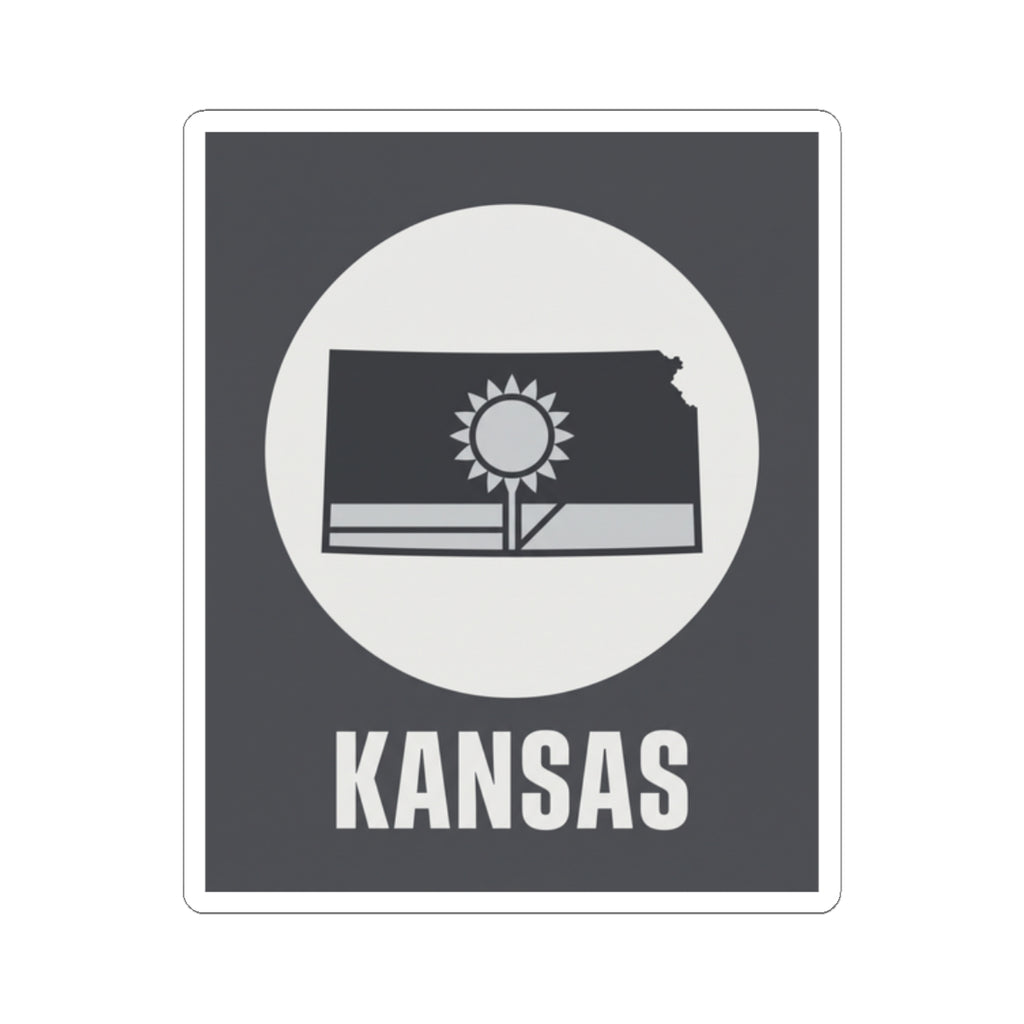 Kansas state sticker with sun and wheat field graphic on dark gray background, white circle