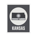 Kansas state sticker with sun and wheat field graphic on dark gray background, white circle