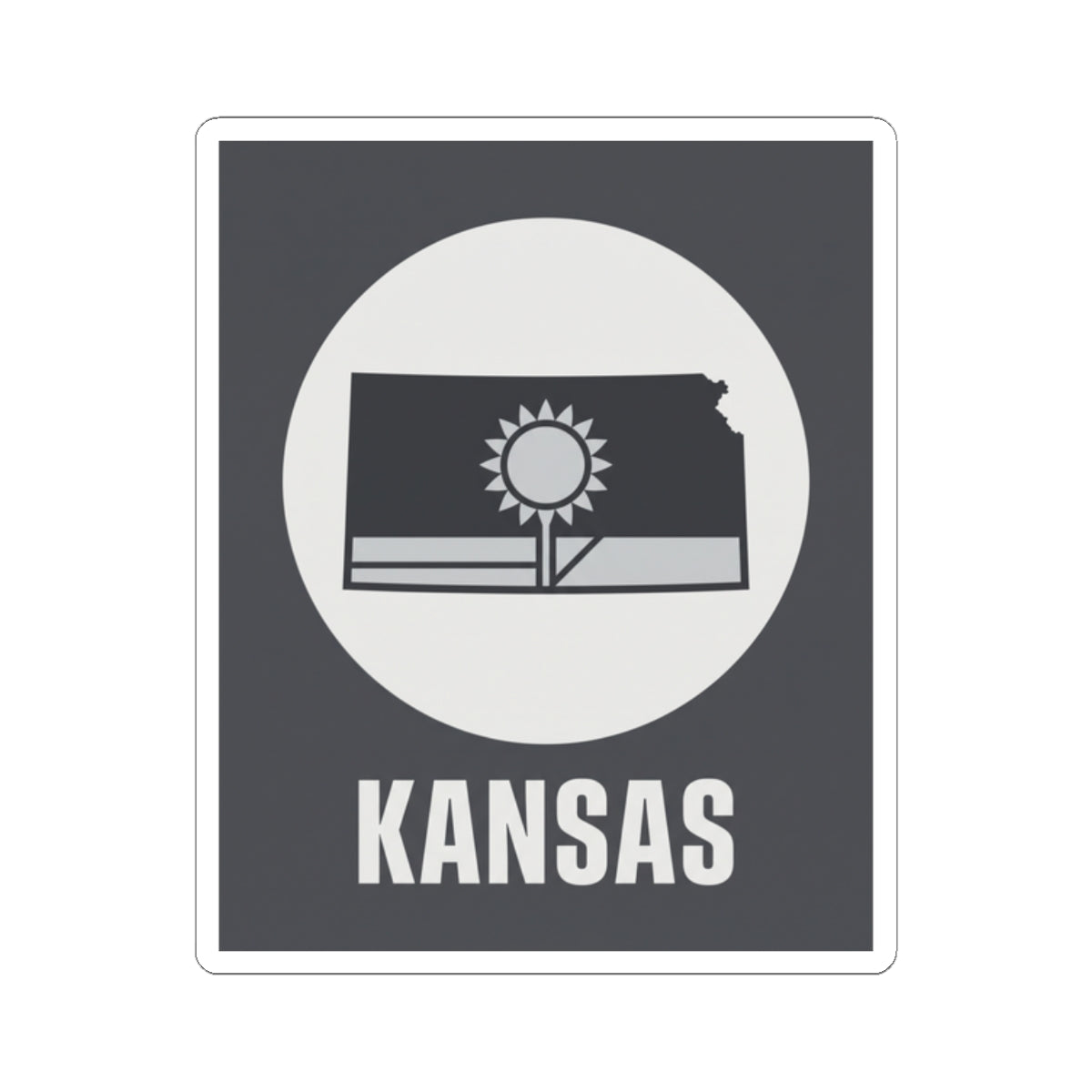 Kansas state sticker with sun and wheat field graphic on dark gray background, white circle