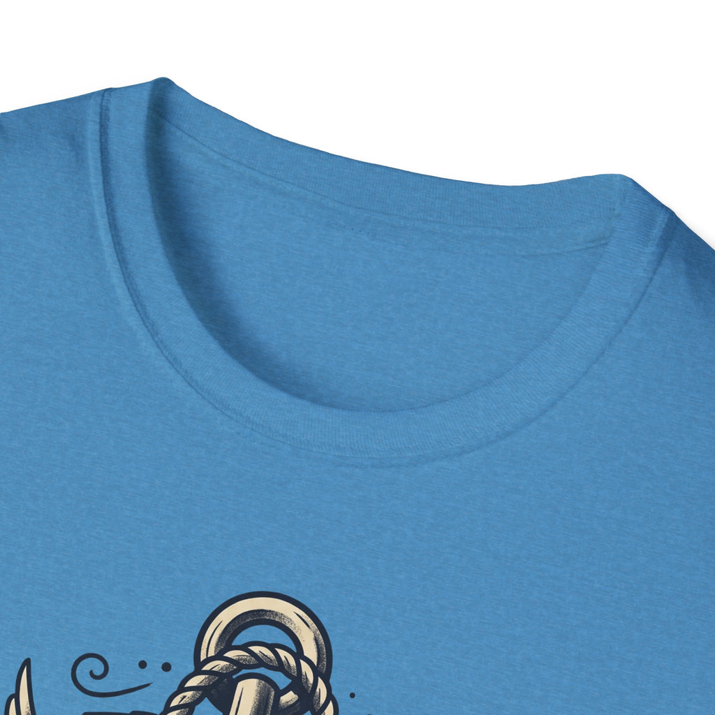 Heather Galapagos Blue crew-neck T-shirt close-up, plain neckline