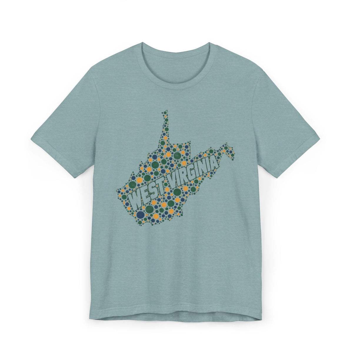 Light blue West Virginia floral map T-shirt with dotted state outline and WEST VIRGINIA text