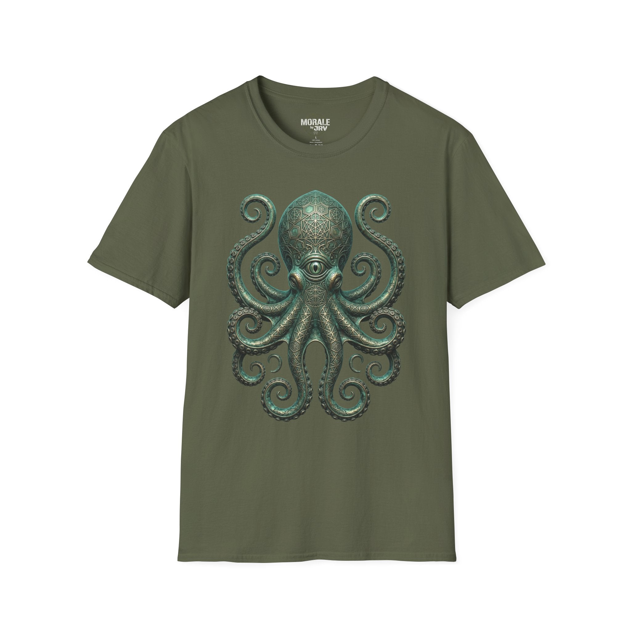 Kraken-Octopus T-Shirt auf Olivgrünem Stoff, grünes Printmotiv vorne