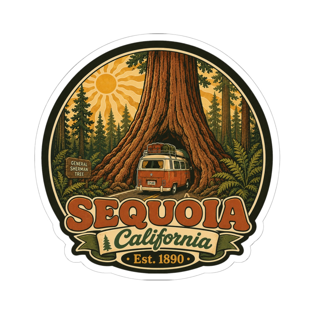 Round kiss-cut sticker featuring a tall sequoia, camper van, and Sequoia California text.