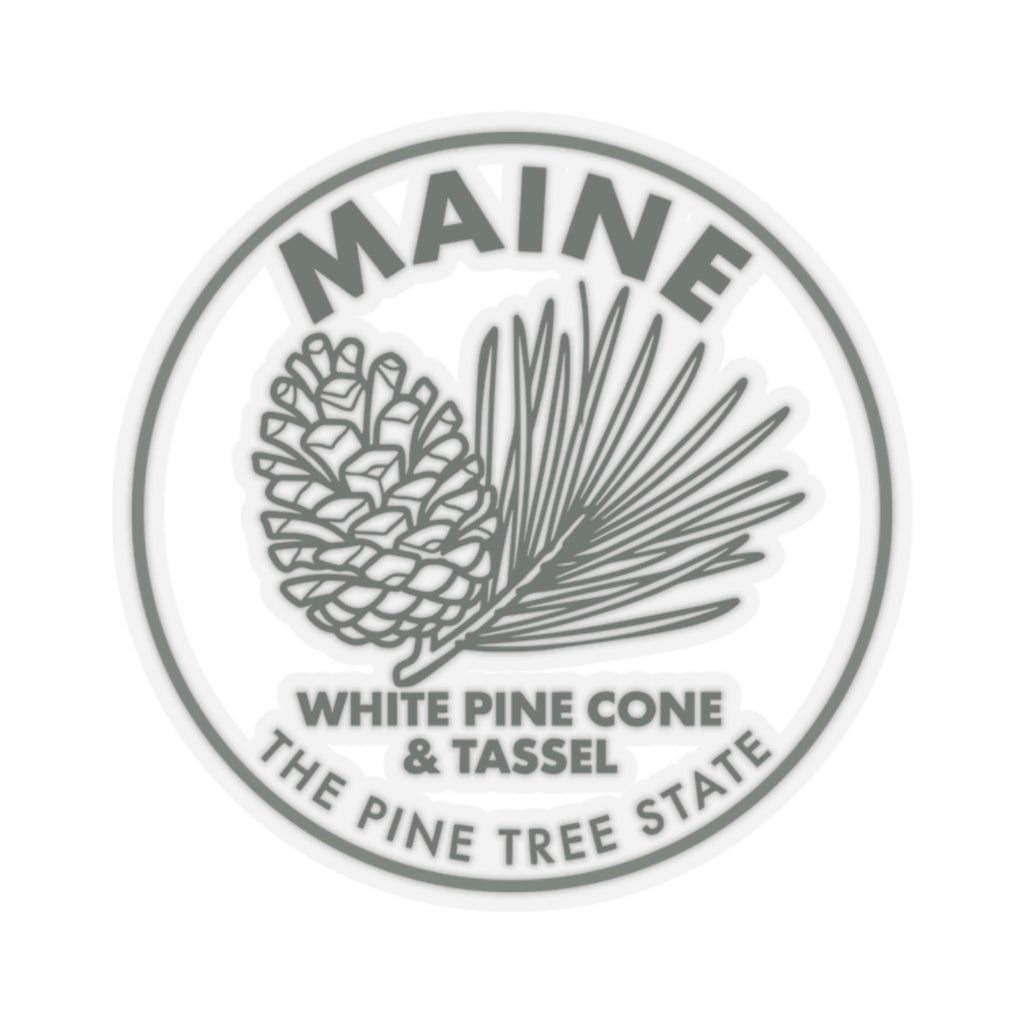 Circular Maine white pine cone and tassel sticker with gray border, transparent vinyl decal