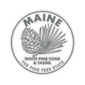 Circular Maine white pine cone and tassel sticker with gray border, transparent vinyl decal