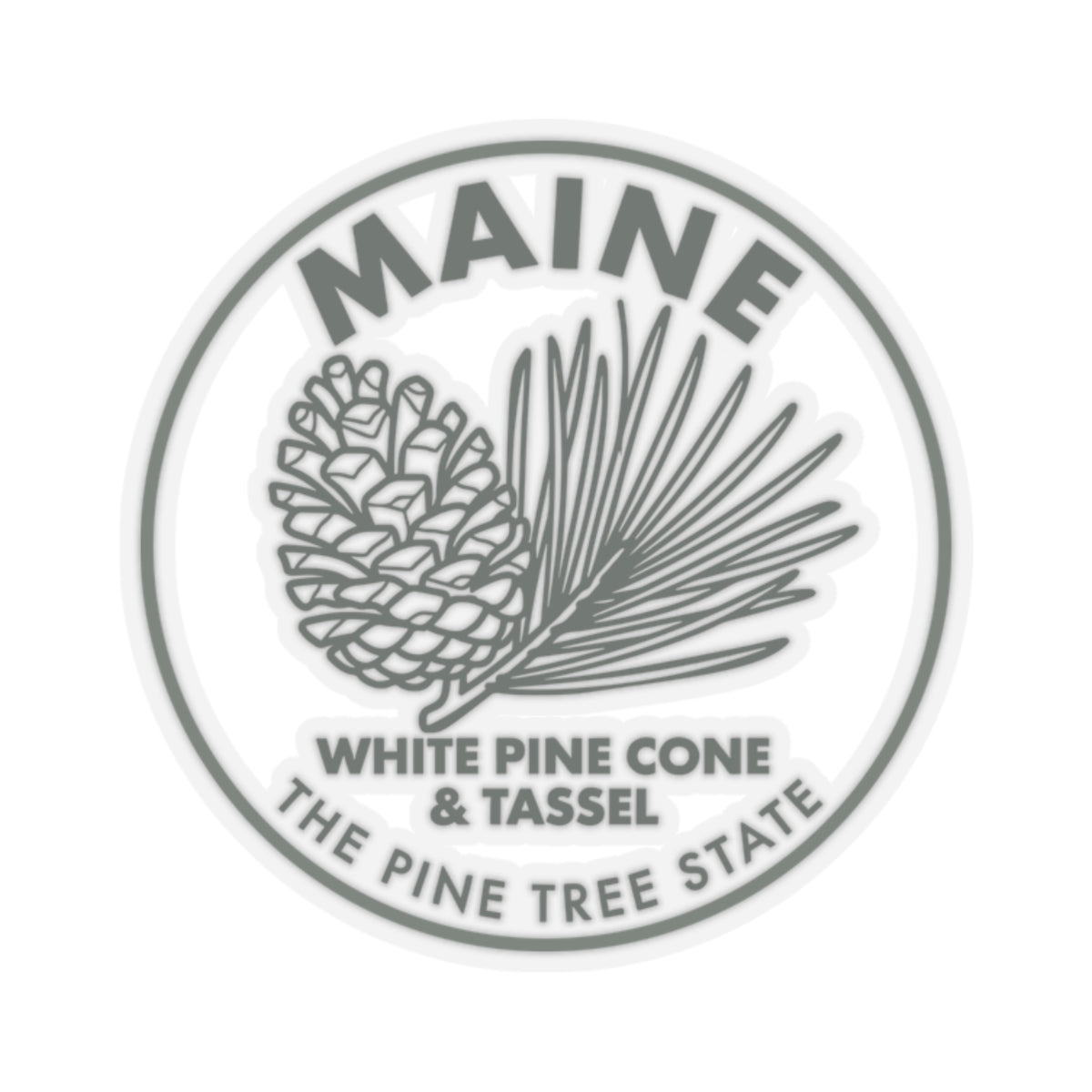 Circular Maine white pine cone and tassel sticker with gray border, transparent vinyl decal