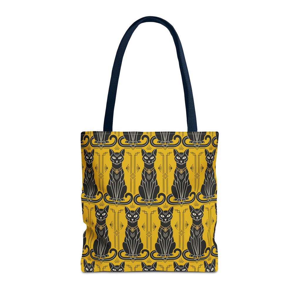 Yellow tote bag with black cat pattern and decorative border; dark navy handles