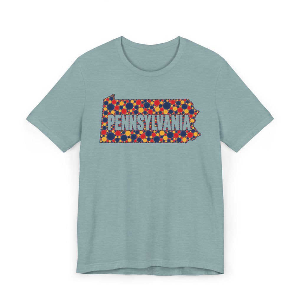 Light blue crew-neck t-shirt with colorful dotted Pennsylvania graphic on chest