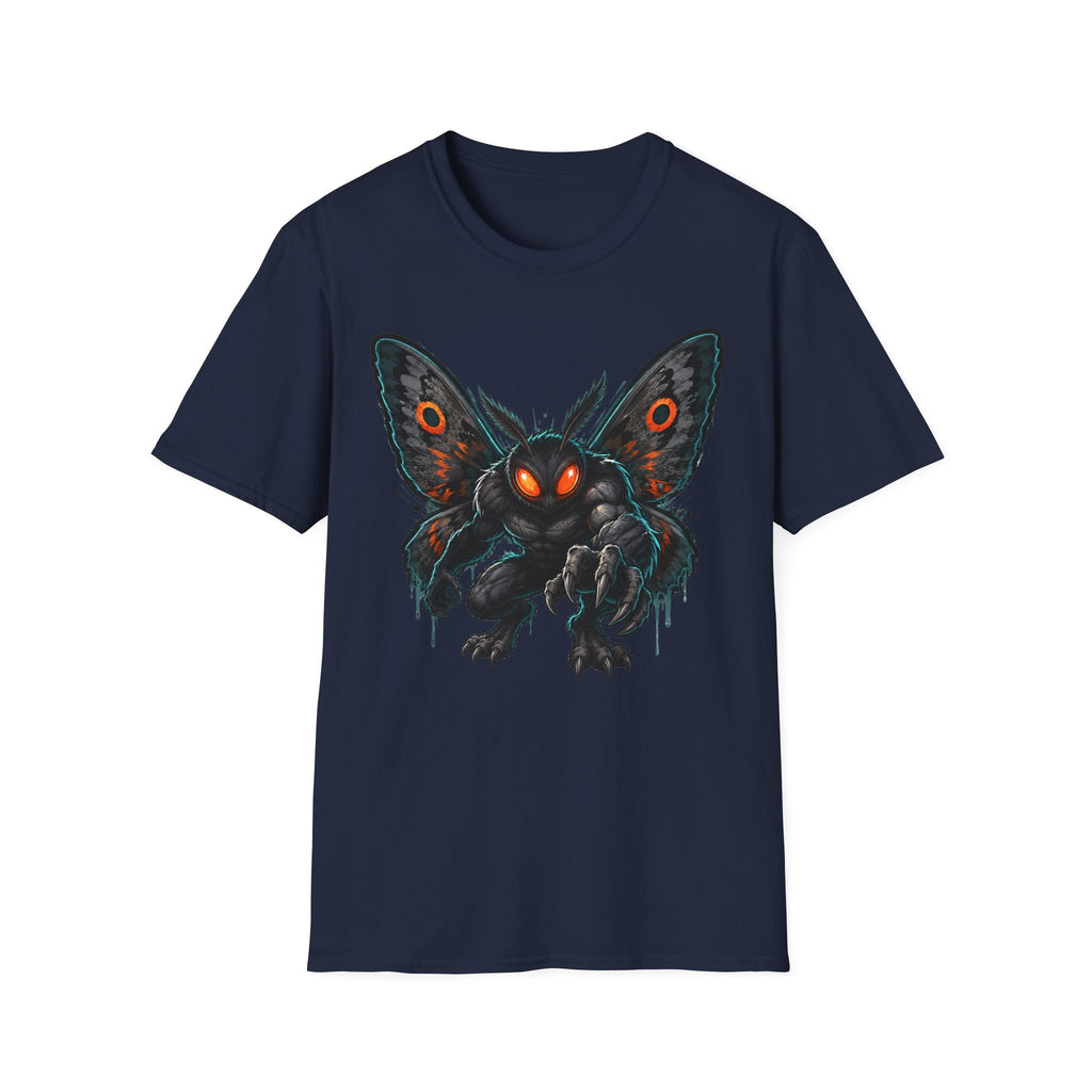 Navy monster moth graphic T-shirt with glowing eyes front print