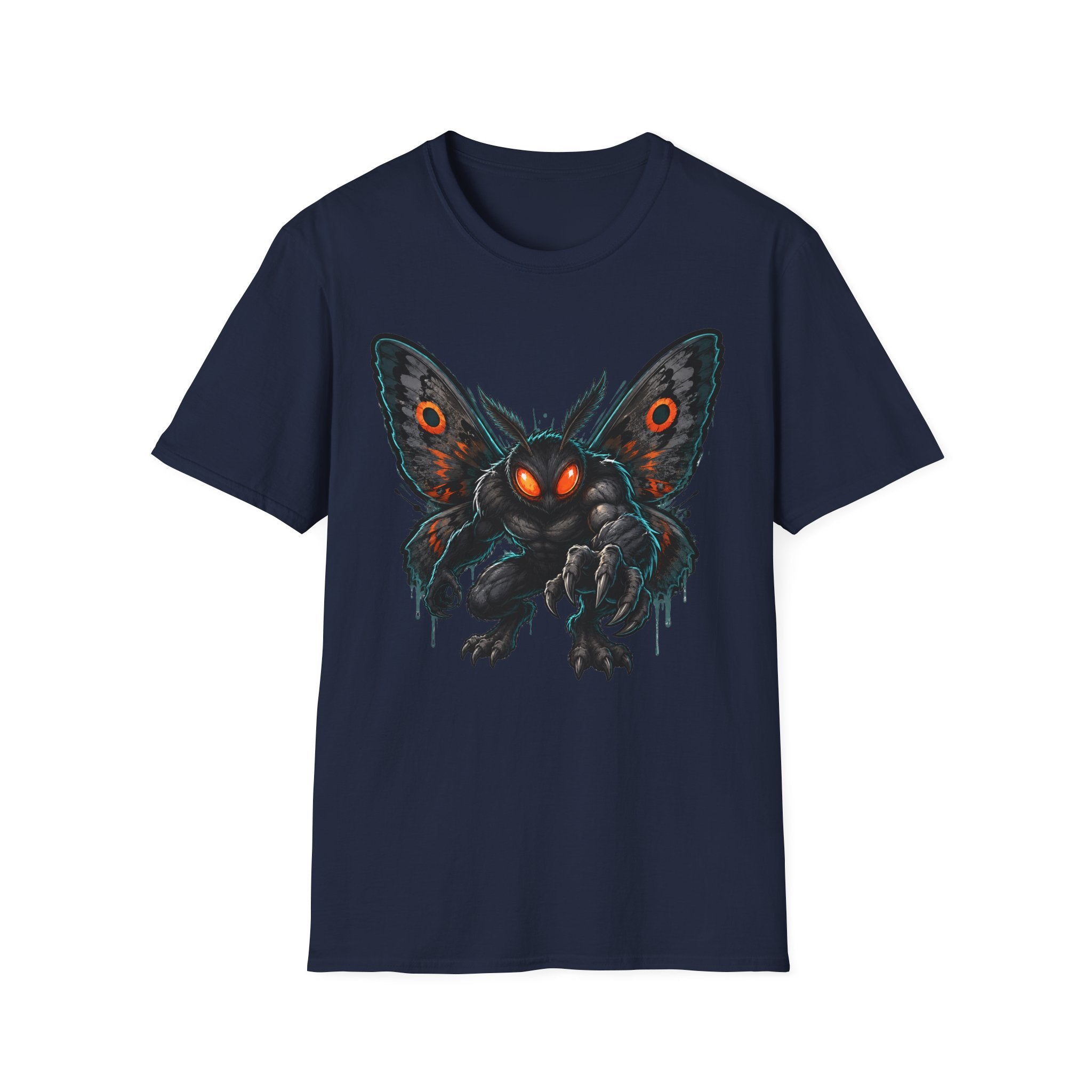 Navy monster moth graphic T-shirt with glowing eyes front print