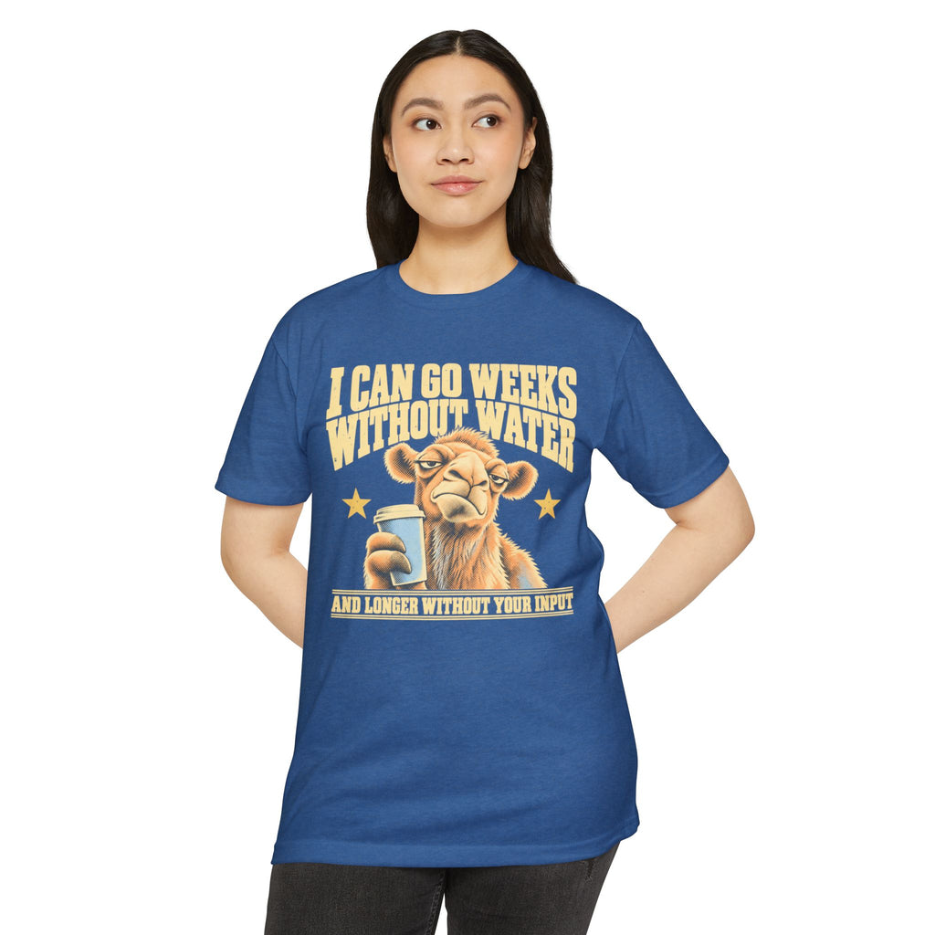 Blue crewneck T-shirt with camel coffee graphic and star text on front