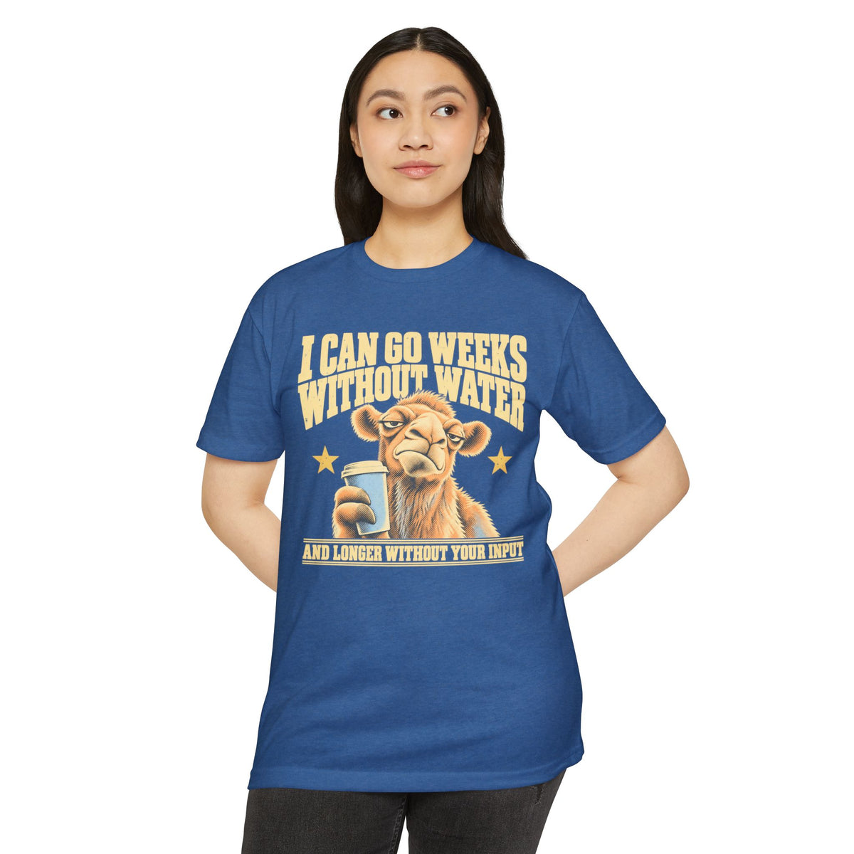 Blue crewneck T-shirt with camel coffee graphic and star text on front