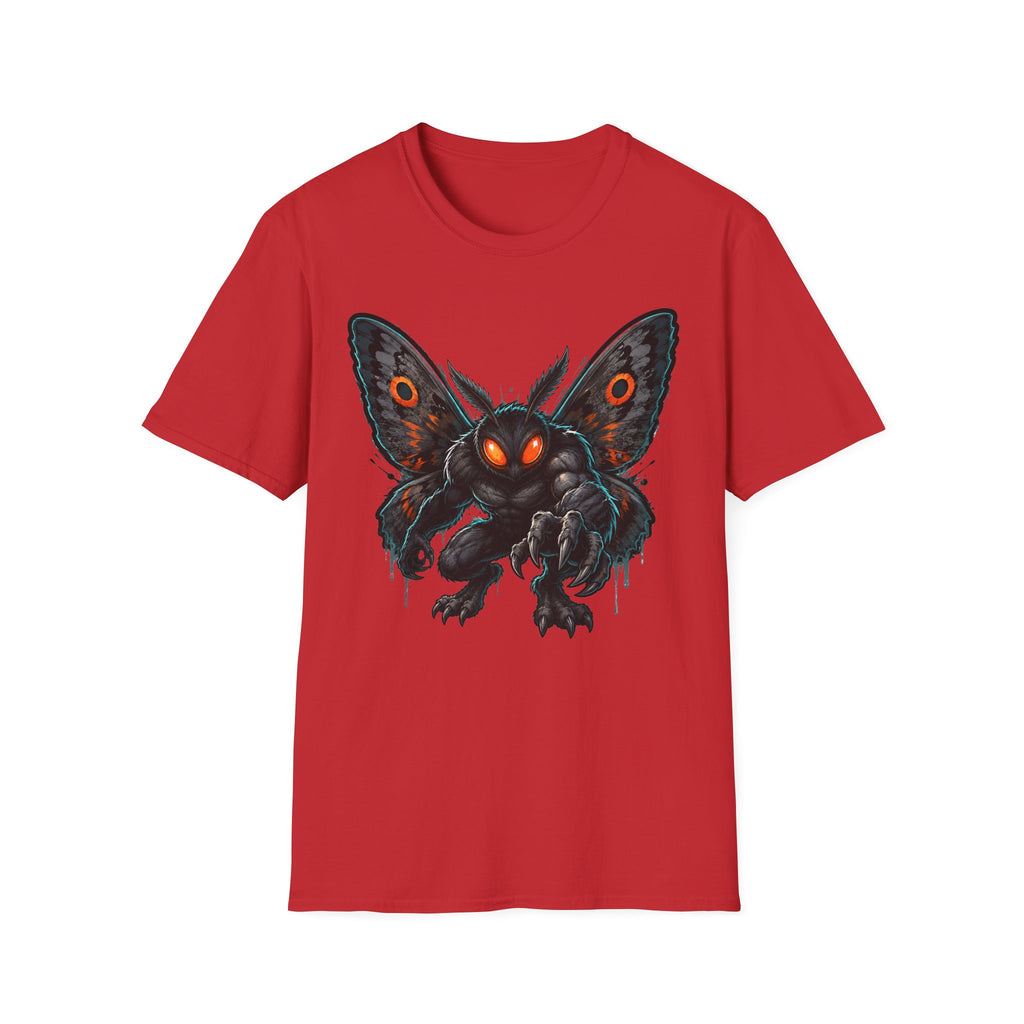 Red crew-neck T-shirt with glowing-eyed moth monster graphic at center chest.