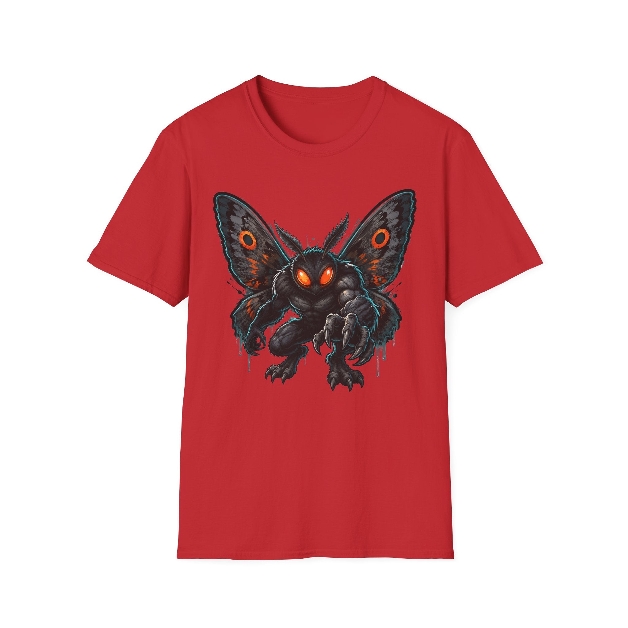 Red crew-neck T-shirt with glowing-eyed moth monster graphic at center chest.