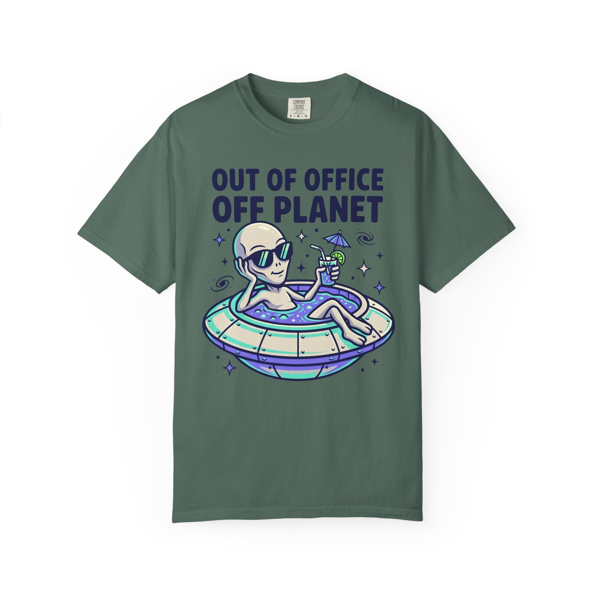 Olive green alien floatie T-shirt with “OUT OF OFFICE OFF PLANET” graphic on front